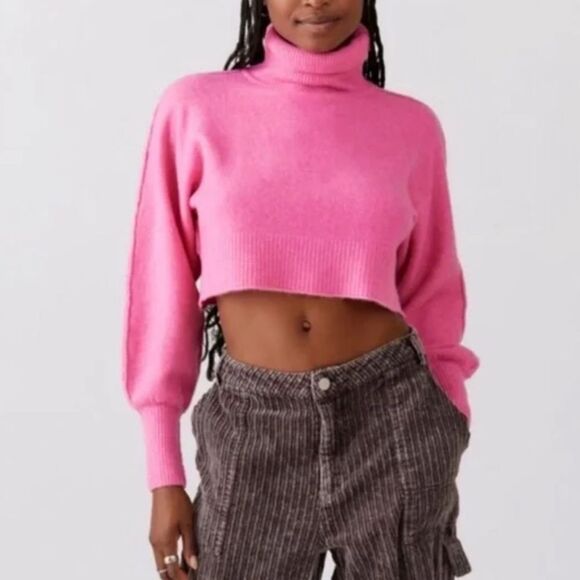 Urban Outfitters size small pink cropped mock neck sweater balloon sleeves - Picture 1 of 9